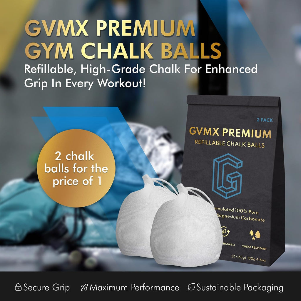 130g (2 x 65g) Premium Chalk Balls. Pro-Grade Gym Chalk in Refillable Sock. Eco Friendly Packaging. Grip Enhancing