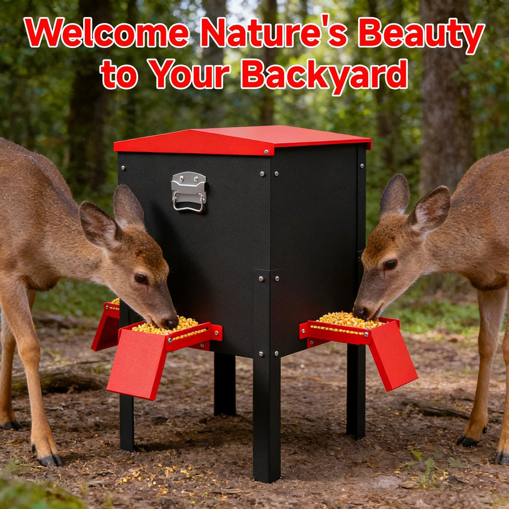 Waterproof Deer Feeder 100 lbs Capacity, Rust-Resistant Freestanding Deer Feeder for Yard, Garden & Hunting, Easy to