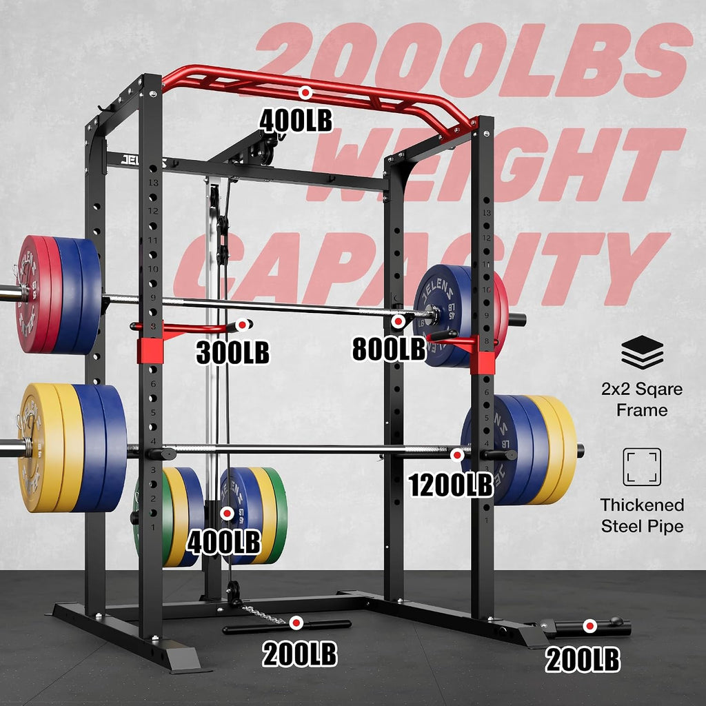 S11 Power Cage, 2000LB Multi-Function Power Rack with LAT Pulldown, Squat Rack with Adjustable Pulley System and