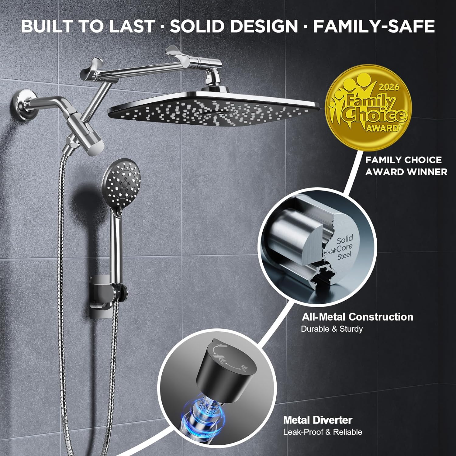 11.8" High Pressure Shower Head with Handheld, Metal Core Fittings | Handheld Shower Heads with Multi Spray Modes