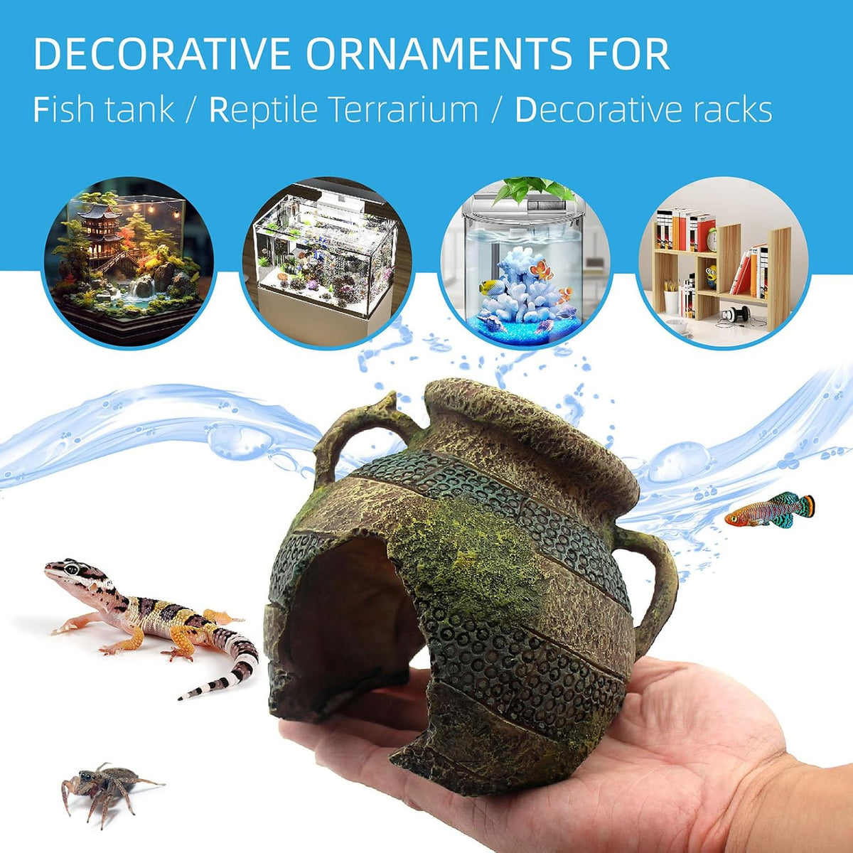 Aquarium Decor Ruins Leaning Vase Hideaway Cave, Betta Fish Tank Accessories for Goldfish, Shrimp, Conch, Cichlid