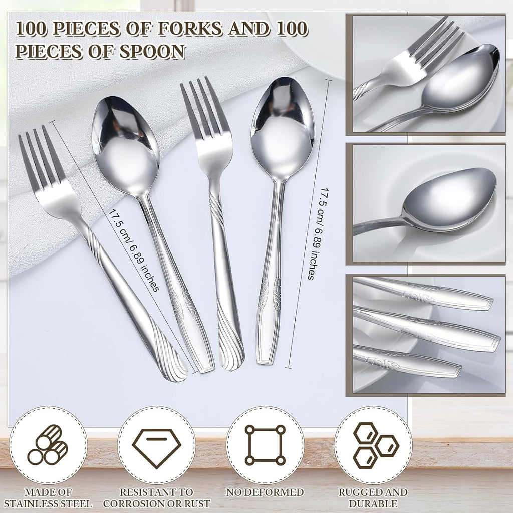 200 Pieces Forks and Spoons Silverware Set Stainless Steel Dinner