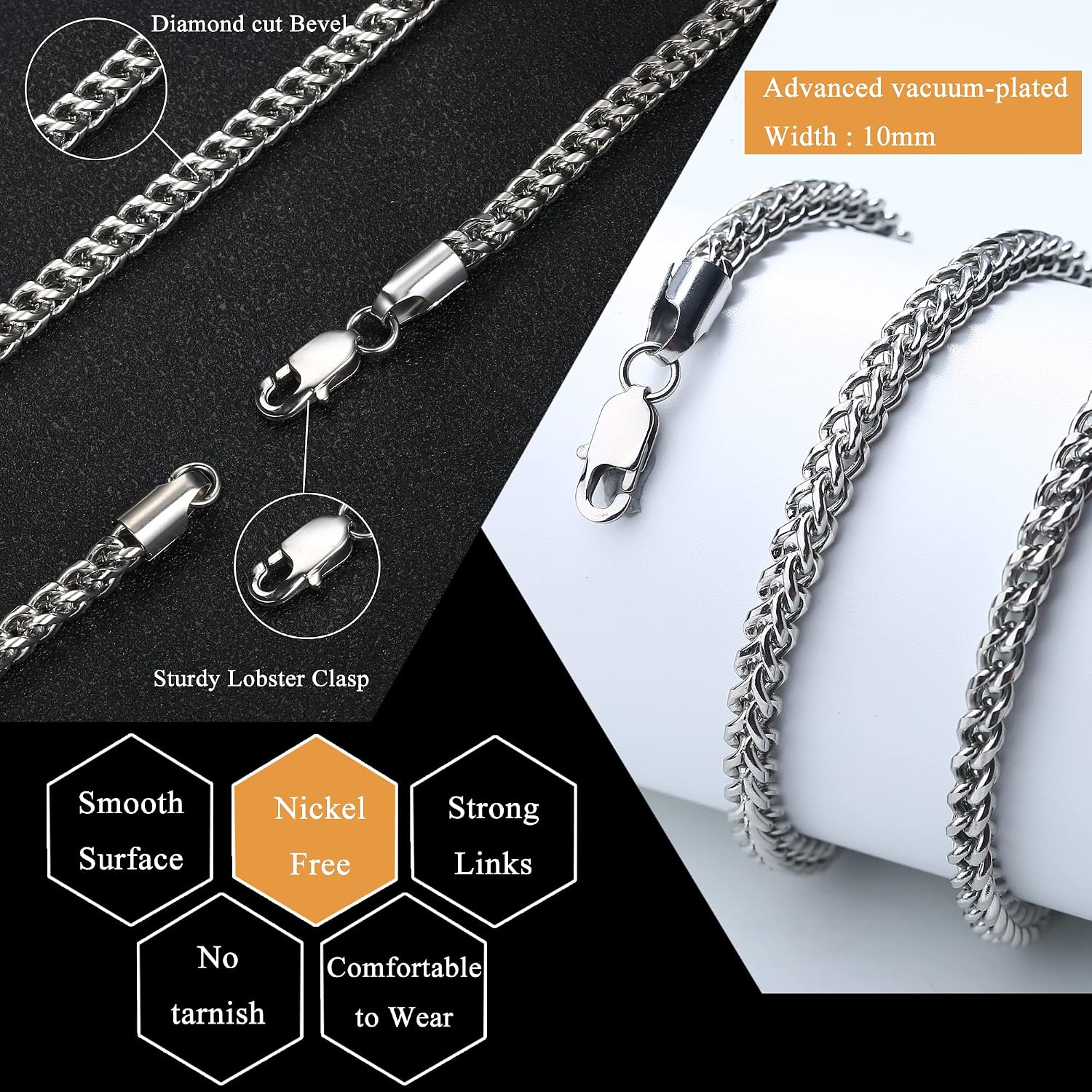 Stainless Steel Wheat Chain Necklace for Men Necklace Bracelet Jewelry Set 5mm in Width, 22" 8.5"