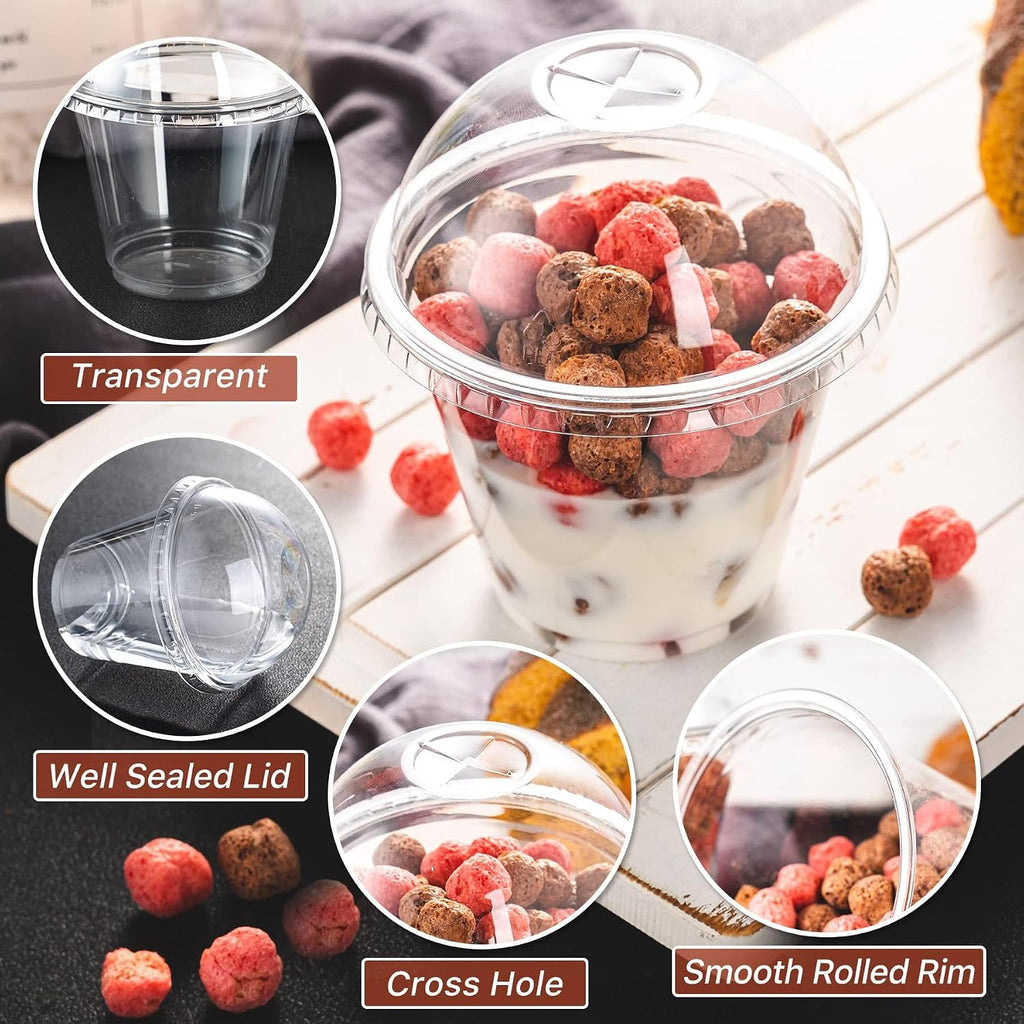 50 Pack 9 oz Clear Plastic Dessert Cups with Cross Hole Dome Lids