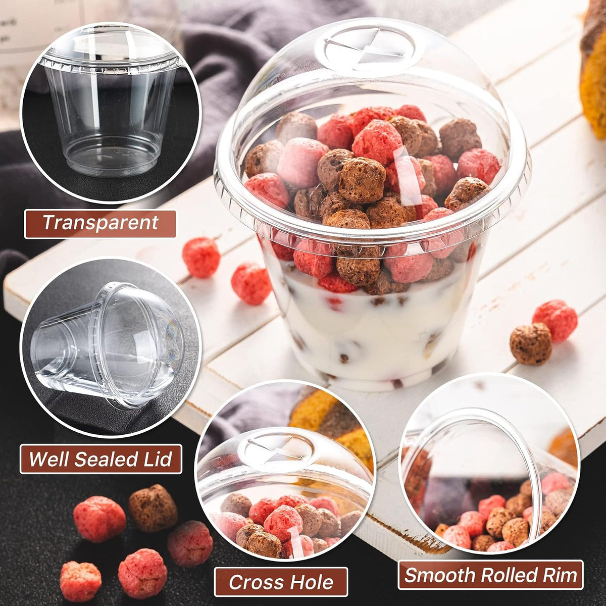 50 Pack 9 oz Clear Plastic Dessert Cups with Cross Hole Dome Lids