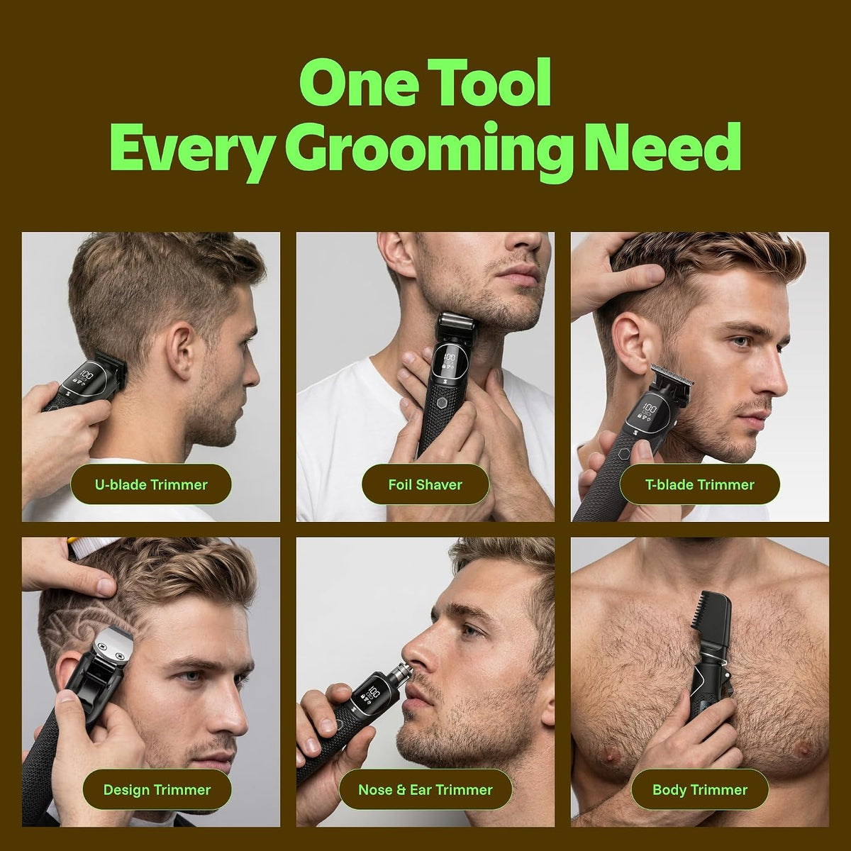 All-in-One Beard Trimmer for Men, Electric Shaver & Grooming Kit | 6 Precision Heads for Head, Nose and Body Hair, 11