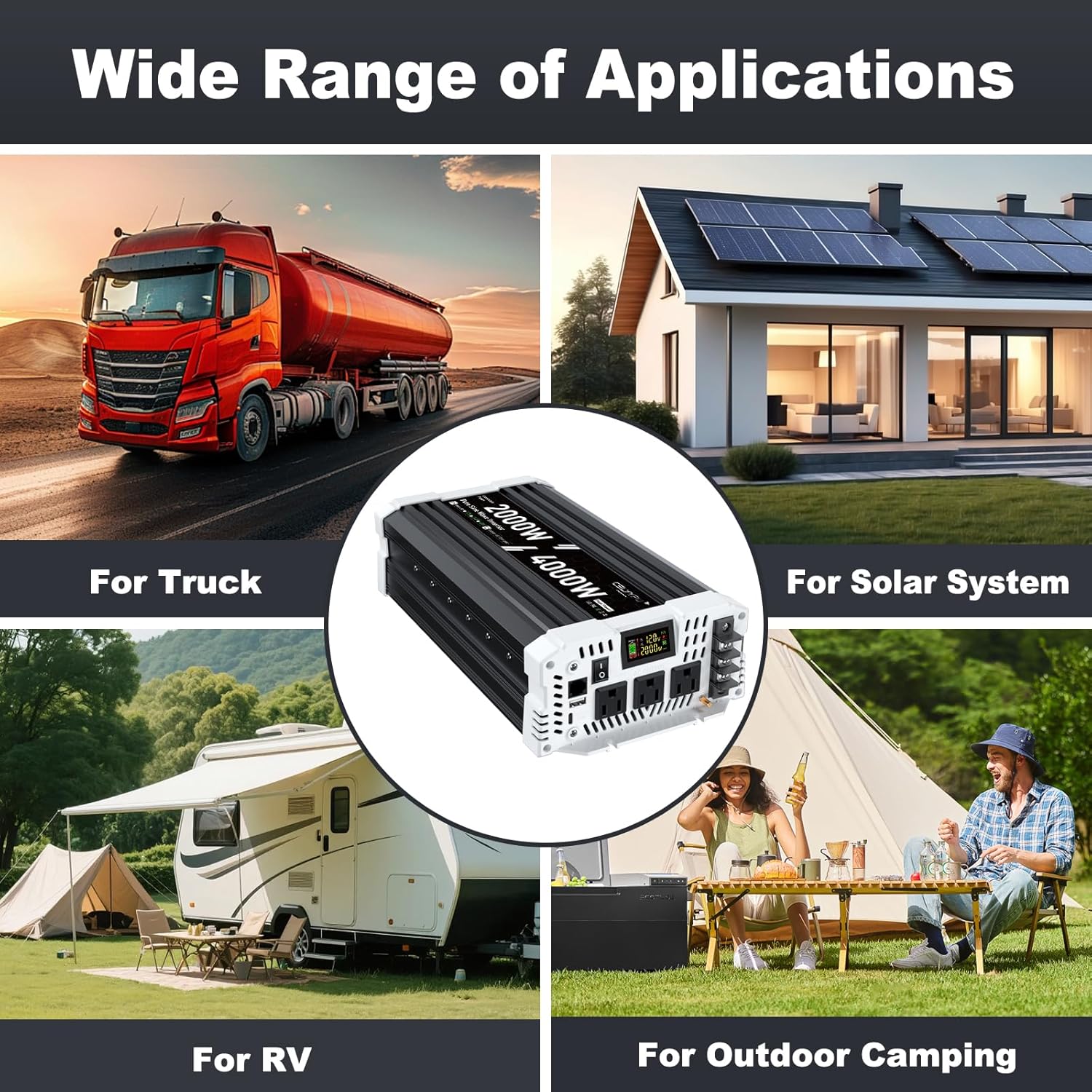 2000 watt Pure sine Wave Inverter, 12V DC to 110V AC Power Inverter, with 3 AC Output sockets, USB Port, Type-C Port