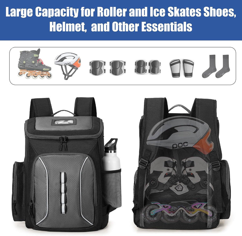 Roller Skate Bag, Ice Skate Bag Backpack with Multiple Pockets | Back Shoe Pocket, Top Helmet Pocket, Padded Shoulder