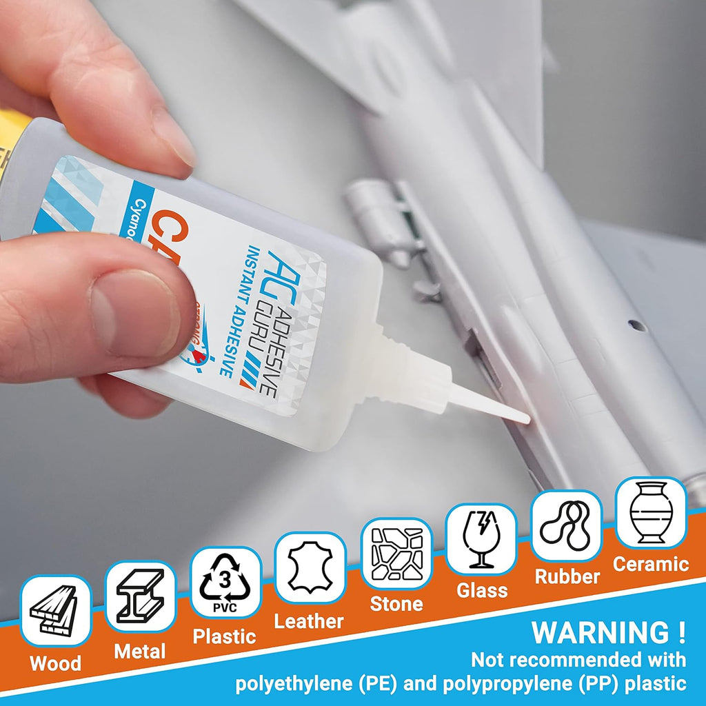 Adhesive Guru CA Glue with Activator (2x1.7 oz - 2x6.76 fl oz) - Premium Cyanoacrylate Super Glue for Woodworking