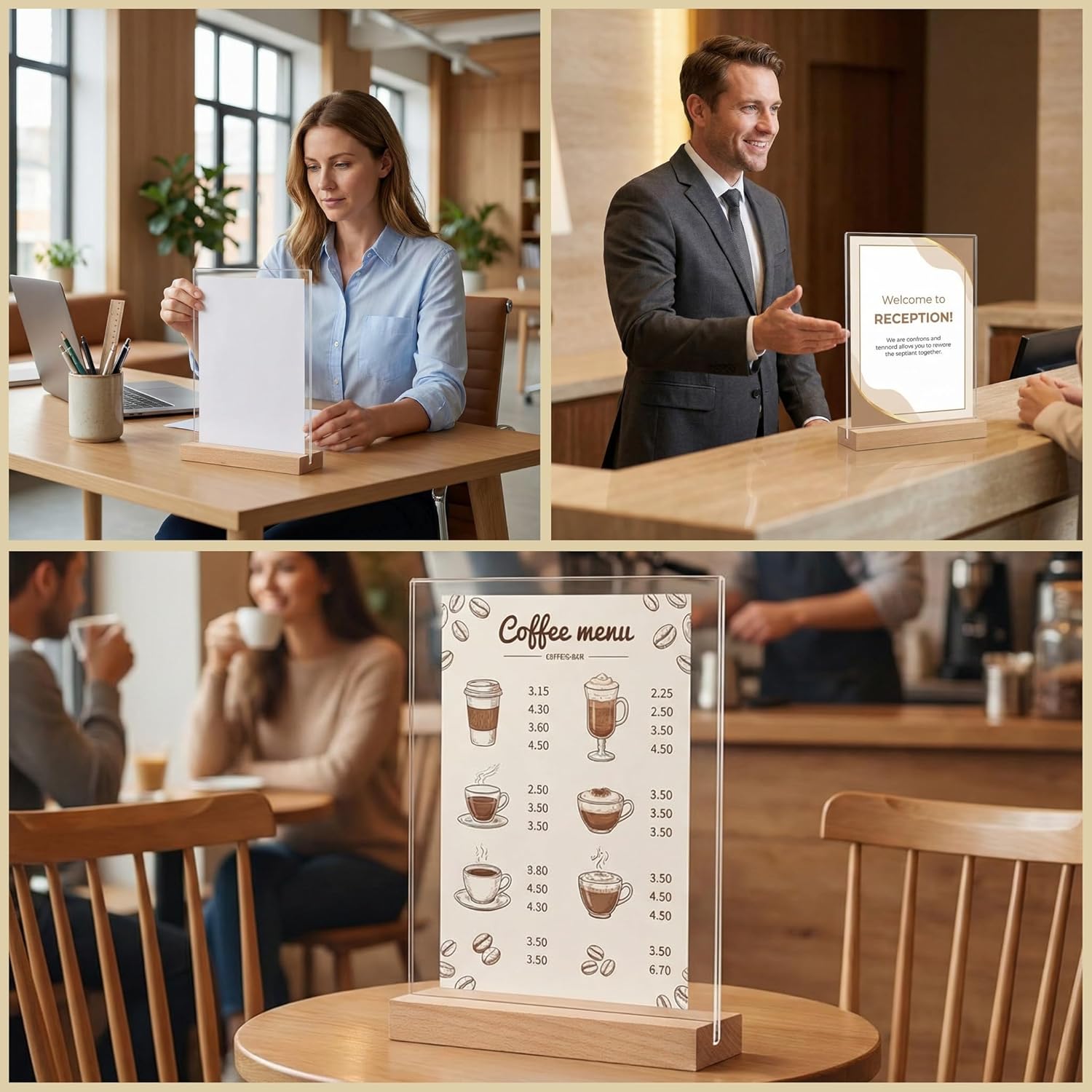 Acrylic Sign Holder 8.5x11 Inch with Solid Wood Base - Thick & Stable Clear Menu Stand for Restaurant, Table, Desk