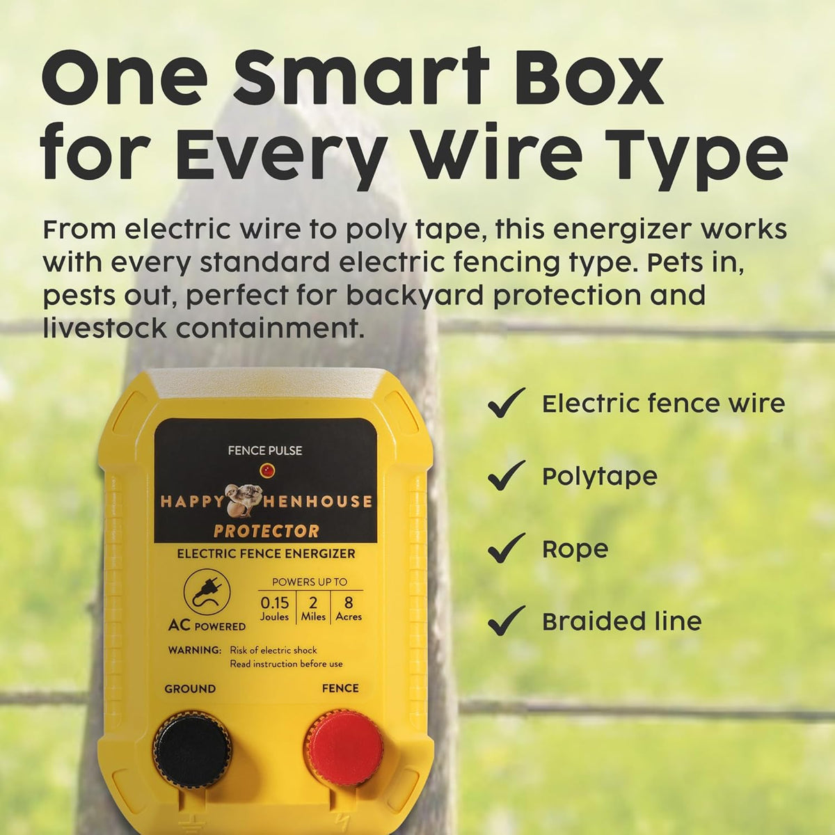 Electric Fence Charger - Powerful 110V AC Plug-in Fence Energizer for Chickens, Small Farms & Gardens - Easy Setup