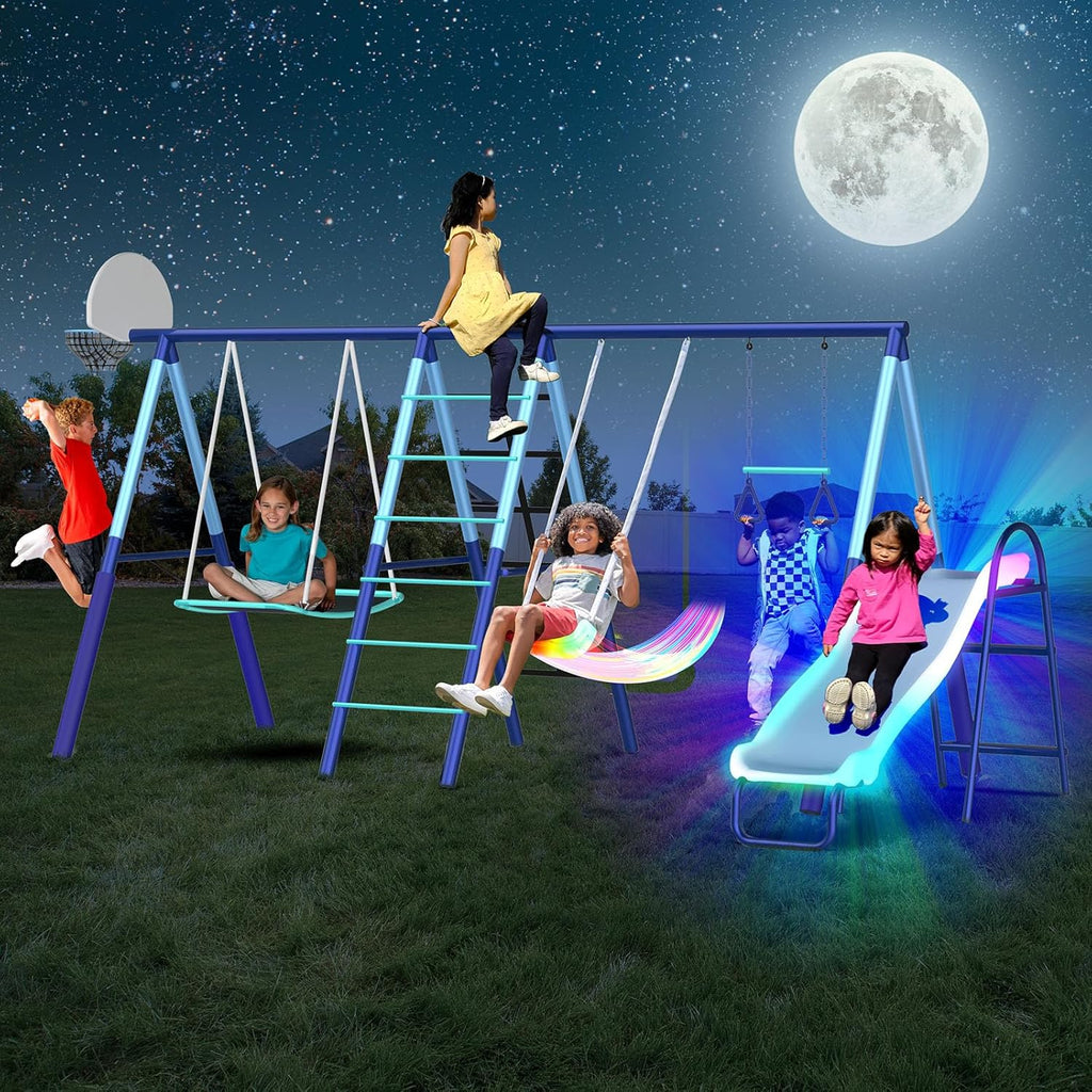 Ramona Metal Swing Set 7-in 1: 3 Swings, Climbing Ladder and net, Basketball Hoop, and 5-ft Blow Molded Slide, 700lb