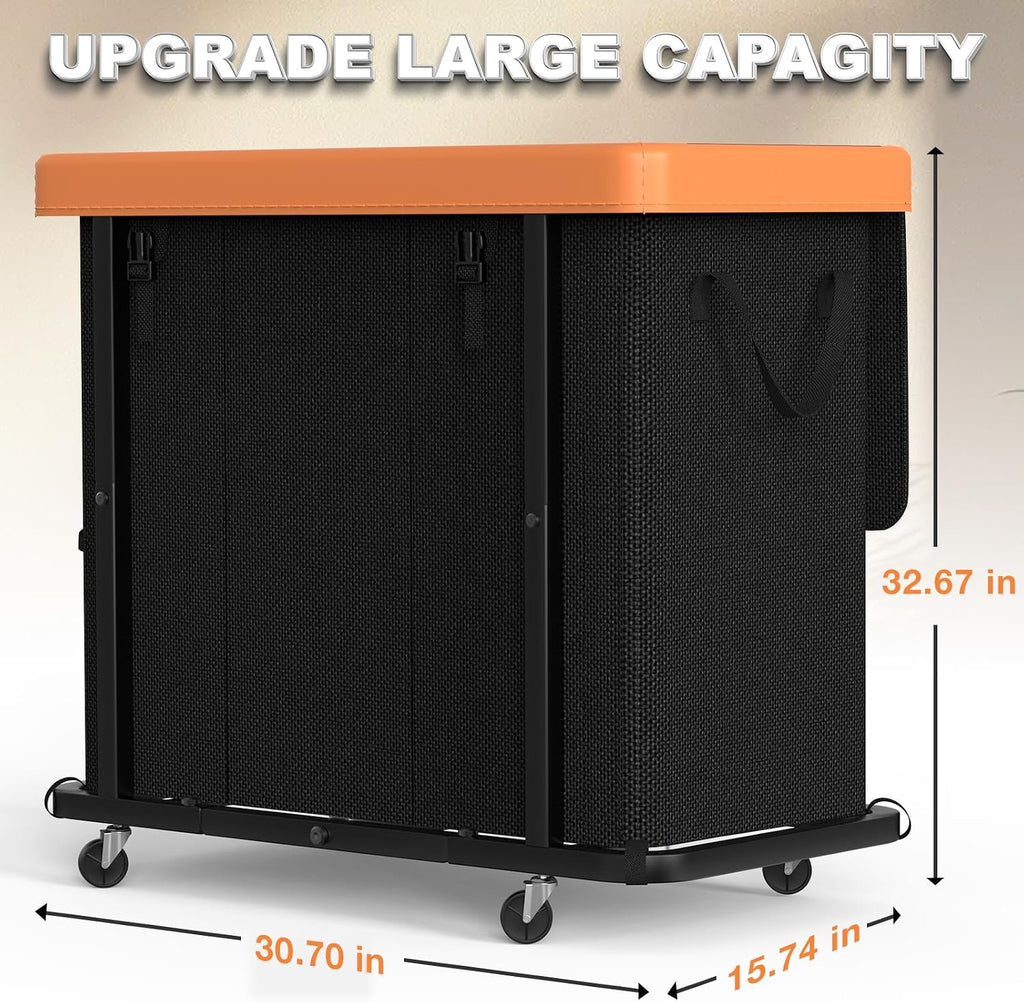 Laundry Basket with Wheels, 230L Leather Patchwork Laundry Sorter 3 Section | Sturdy Metal Frame, Removable Washable