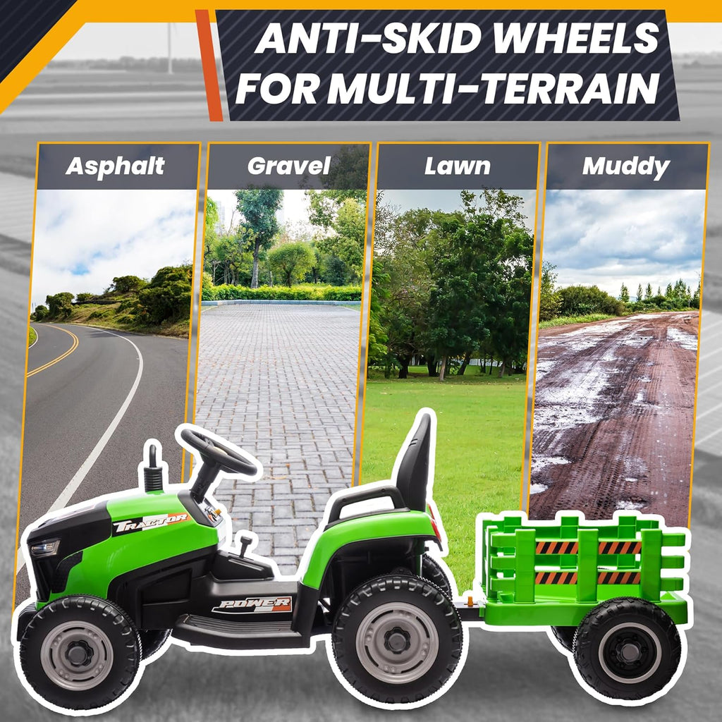 24V 7Ah Ride On Tractor w/Tiltable & Detachable Trailer, MOEYURO Kids Electric Vehicles Tractor w/400W Motors
