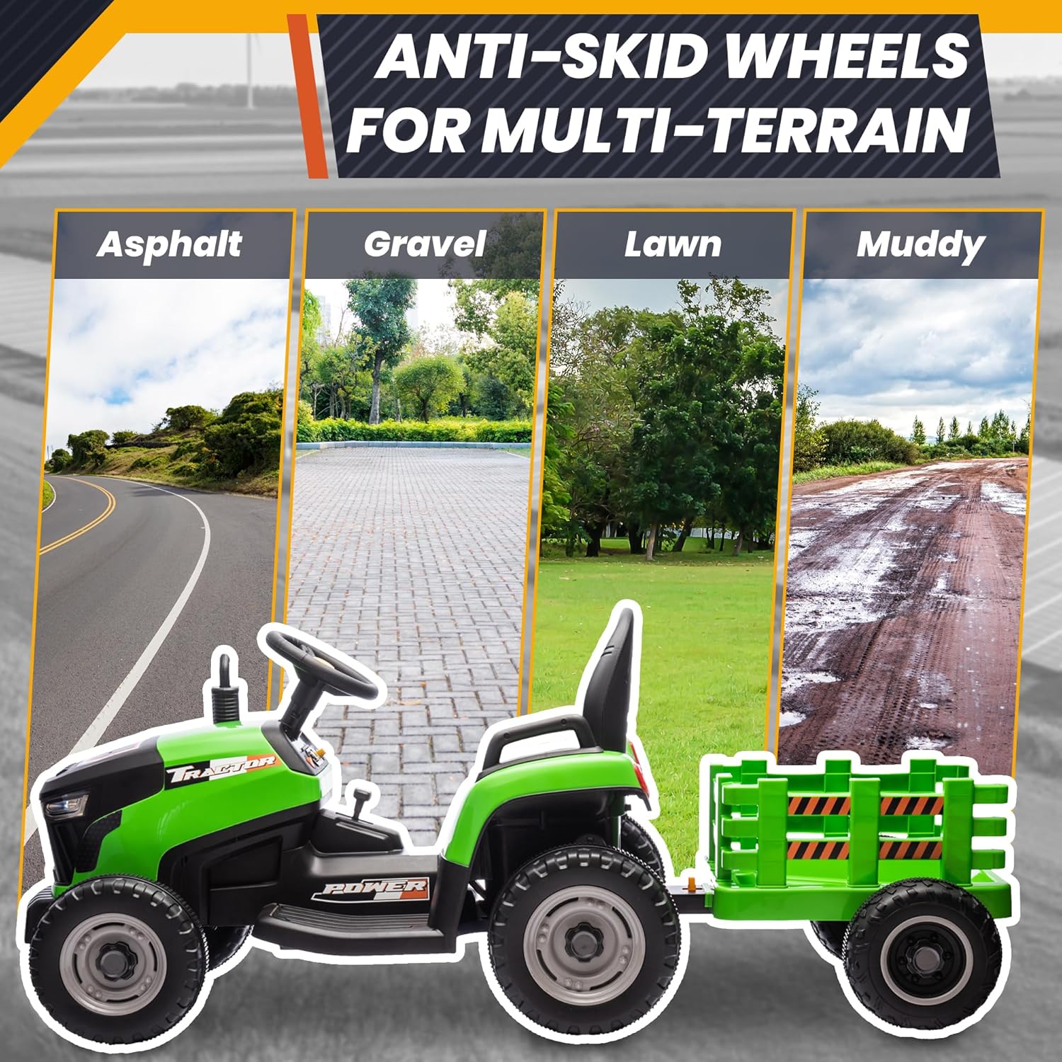 24V 7Ah Ride On Tractor w/Tiltable & Detachable Trailer, MOEYURO Kids Electric Vehicles Tractor w/400W Motors