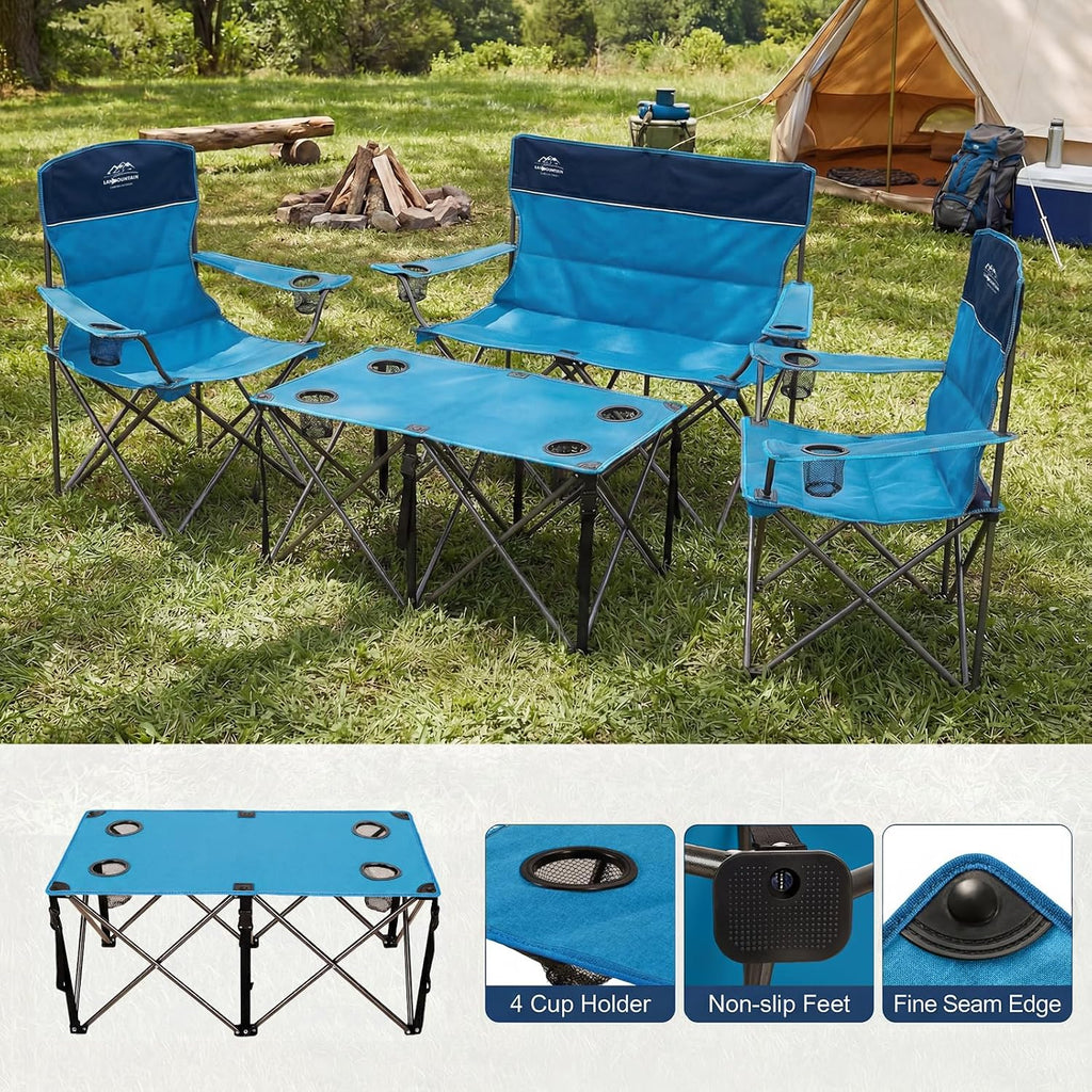 Oversized 4 Pcs Camping Chair Set with Table,Outdoor Folding Heavy Duty Lawn Chair,Cup Holder,Portable,Loveseat Chair