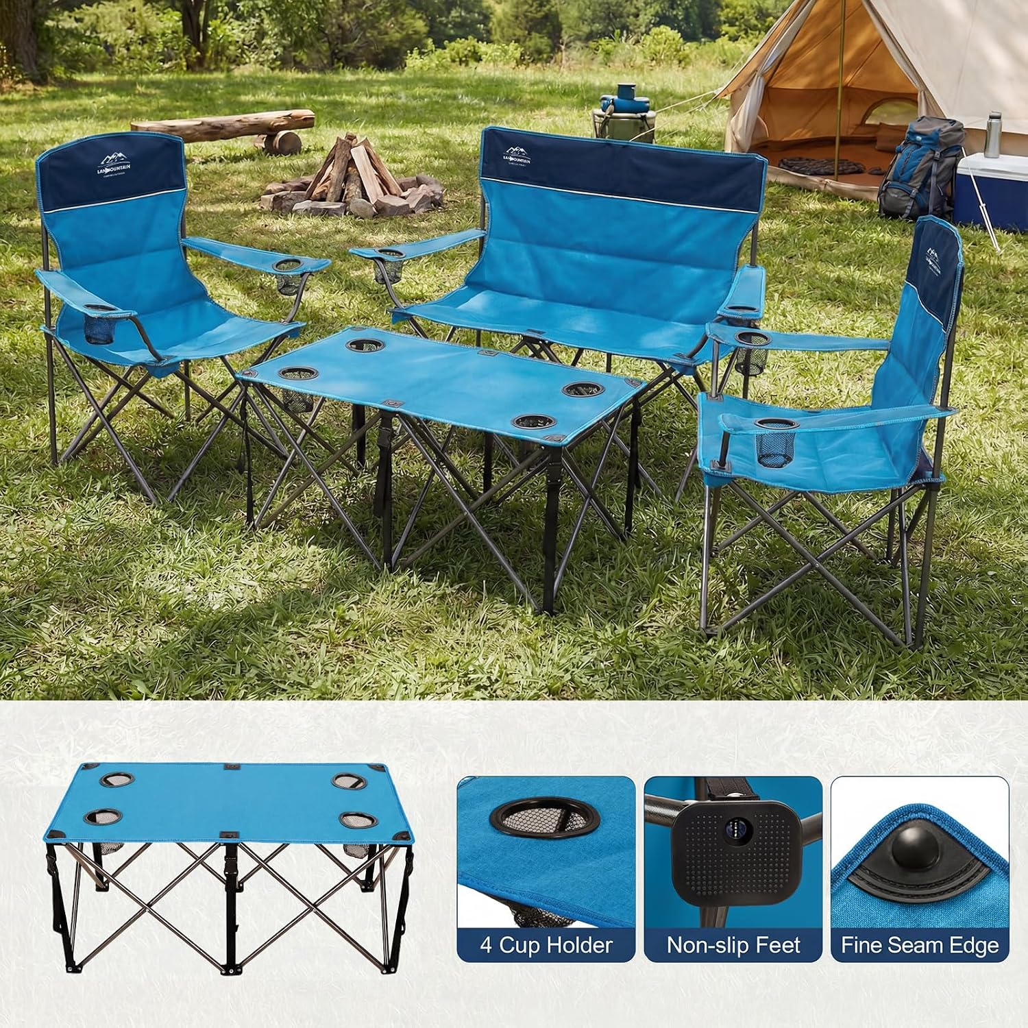 Oversized 4 Pcs Camping Chair Set with Table,Outdoor Folding Heavy Duty Lawn Chair,Cup Holder,Portable,Loveseat Chair