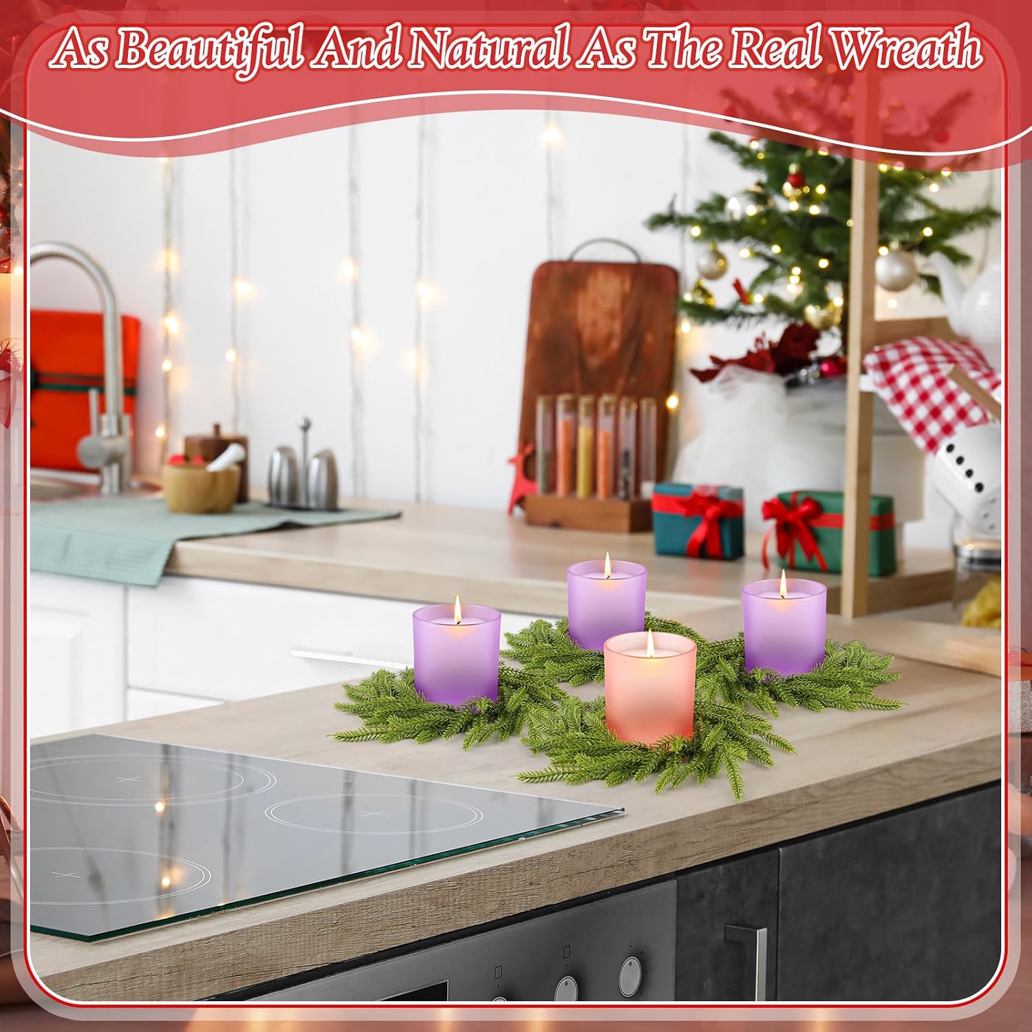 4 Pcs Christmas Advent Candle Holder with Wreath Catholic Nativity Scene Glass Votive Tealight Candle Holders Purple