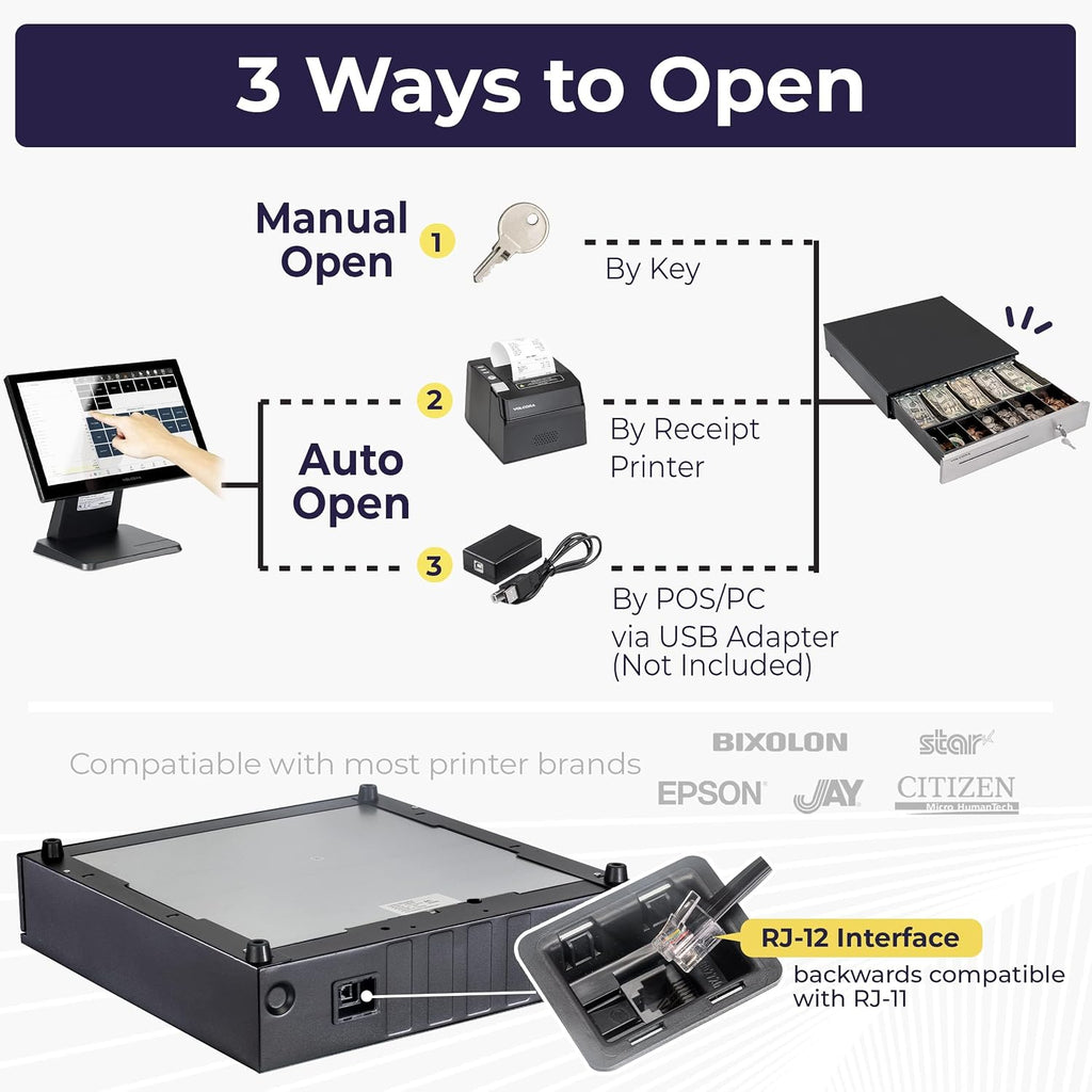 Cash Register Drawer for (POS) Point of Sale System 16", Stainless Steel Removable Coin Tray, 5 Bill/7 Coin, 24V