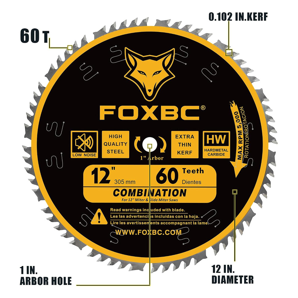 12 Inch Combination Miter Saw Blade, 60-Tooth, Wood Cutting with 1 Inch Arbor