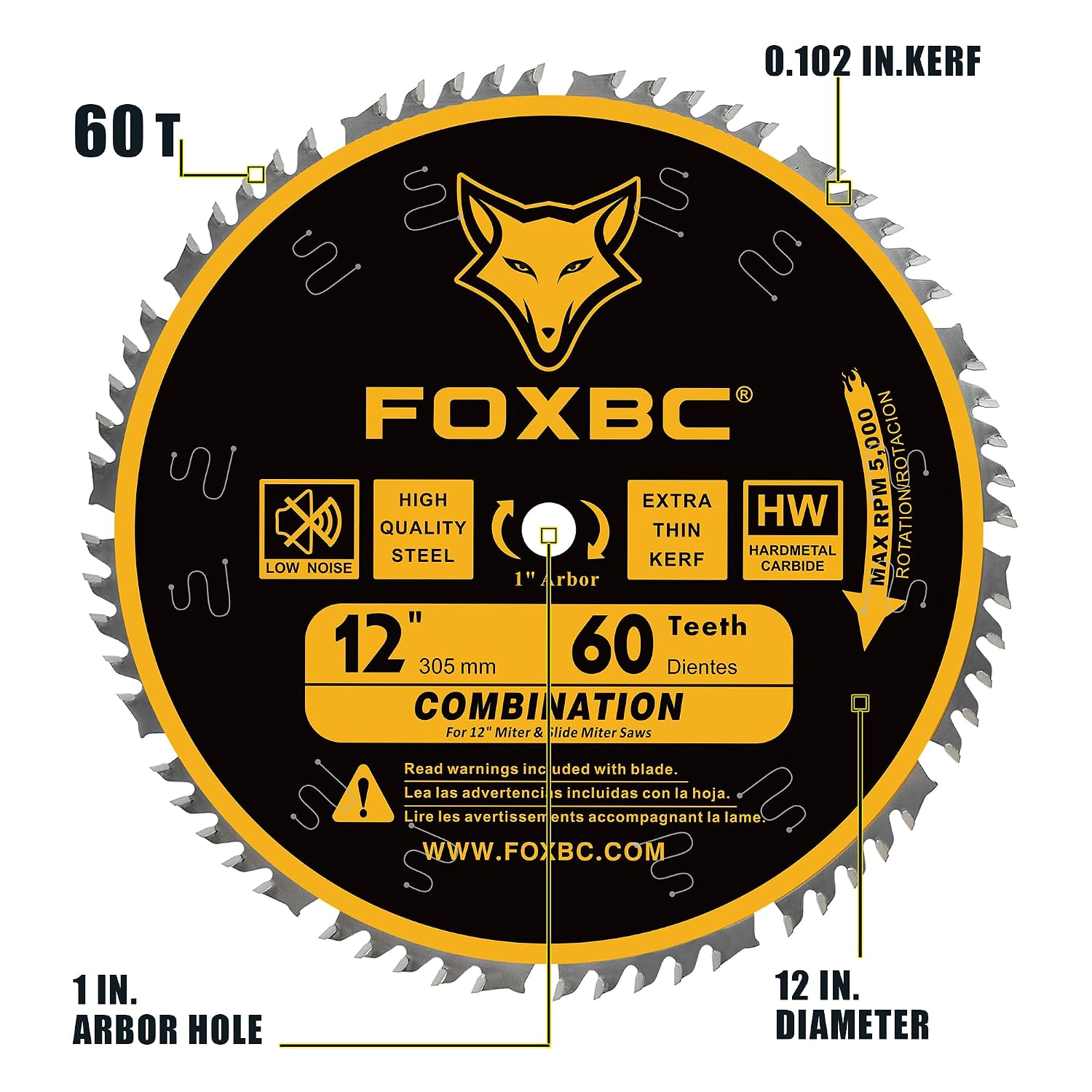 12 Inch Combination Miter Saw Blade, 60-Tooth, Wood Cutting with 1 Inch Arbor