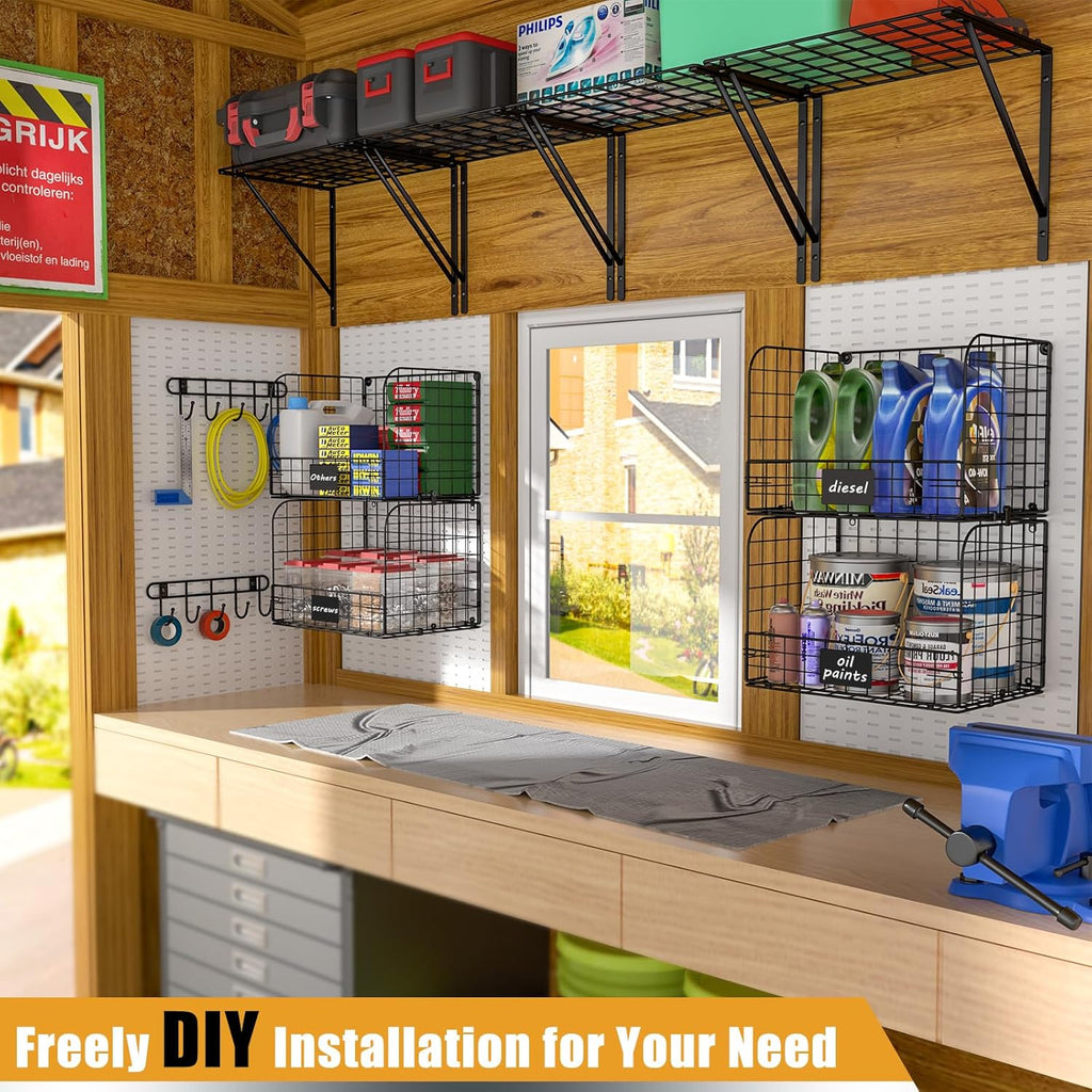 2 Pack Garage Shelves Wall Mounted with Wire Baskets, Heavy Duty Garage Wall Shelving with Hooks, Wire Shelf Baskets
