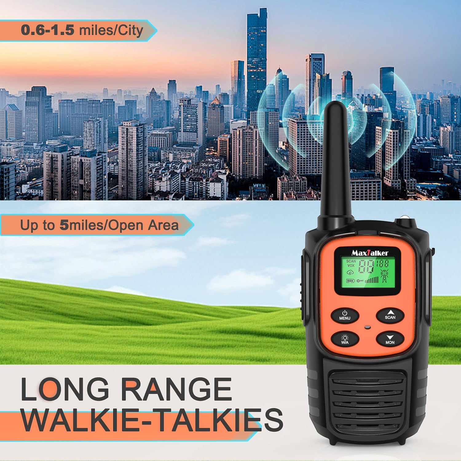 Walkie Talkies Long Range 2 Pack,Rechargeable 22 FRS Channels Two Way Radio | NOAA, LED flash & VOX walkie talkies