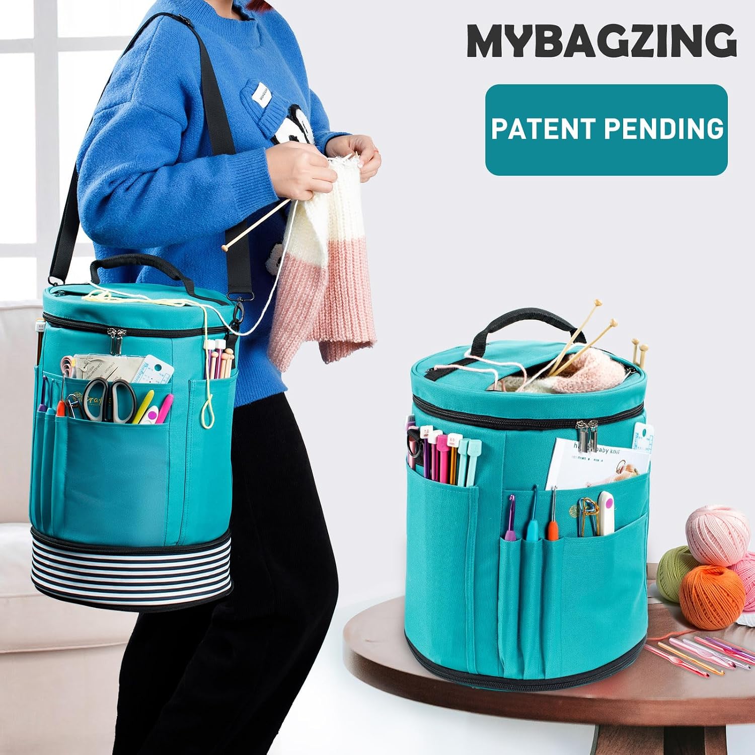 Expandable Yarn Storage Organizer, Crochet Bag & Yarn Tote with Zipper Closure, Yarn Holder for Crocheting and