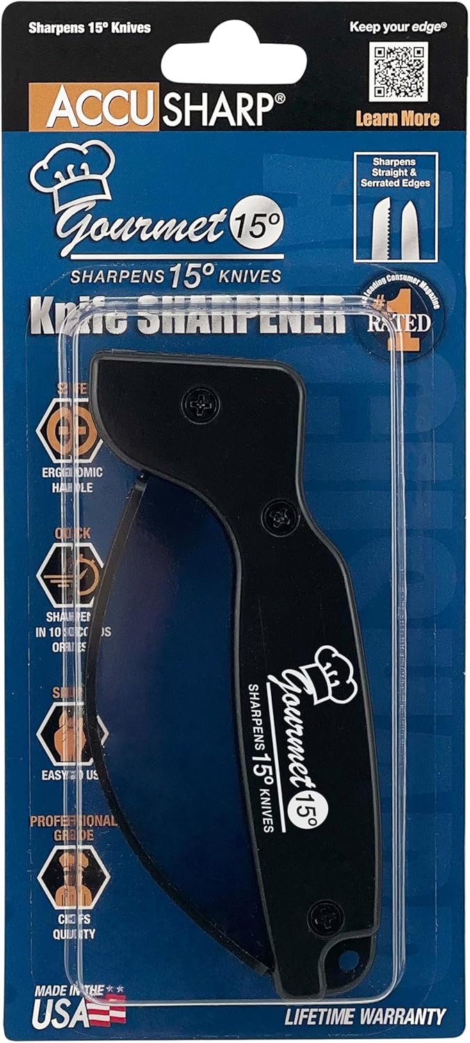 Gourmet Series, 15 Degree Knife Sharpener for Gourmet Knives, Diamond-Honed Tungsten Carbide Reversible Blades, Hones