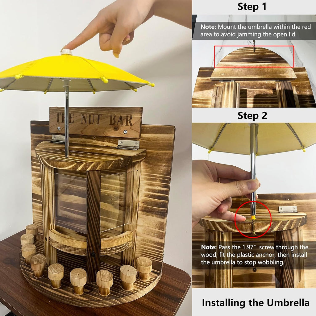 Wooden Squirrel Feeder 'The Nut Bar',Wall or Tree Mount, 13.3x12.6 Inch, Includes Mini Umbrella(Need to Punch Holes