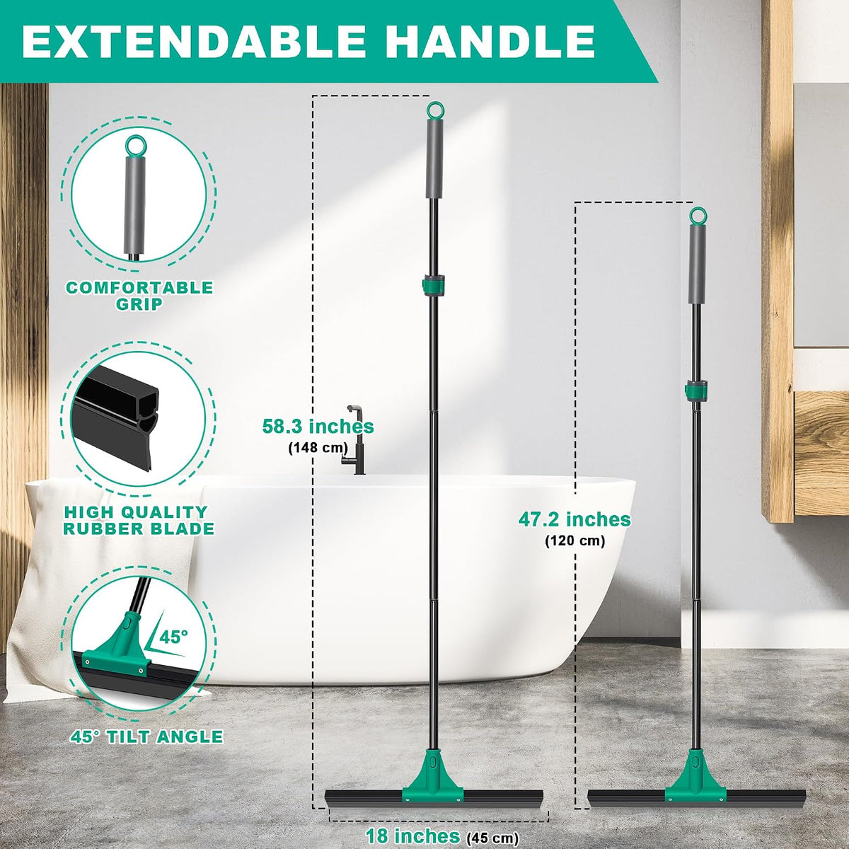 Floor Squeegee Heavy Duty with 58.3 inches Long Handle, Rubber Scraper Broom for Cleaning Foam Water on Garage