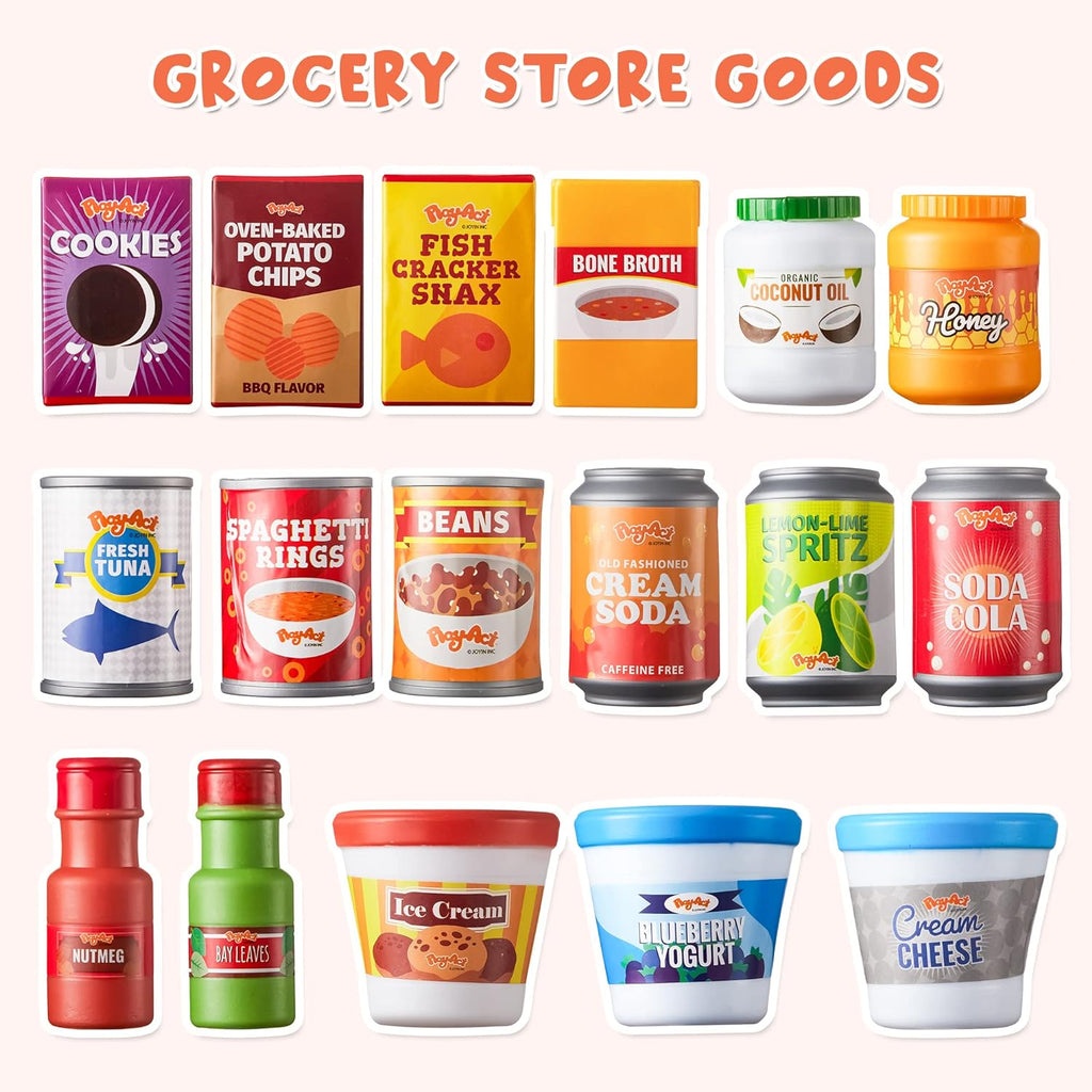 30Pcs Play Food Grocery Cans, Play Kitchen Accessories, Includes Drink, Juice, Jar, Seasoning, Water Bottle, Sauce