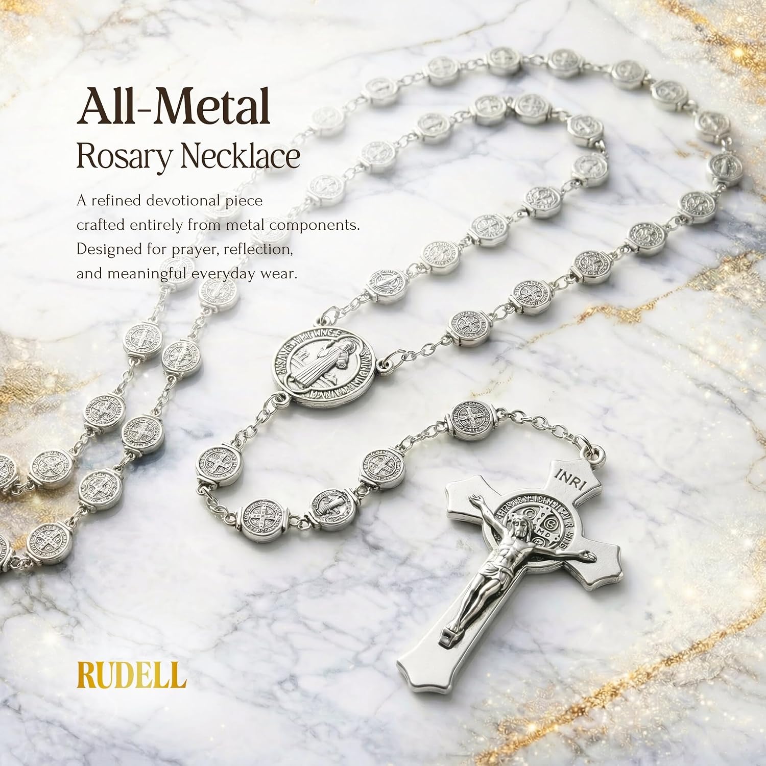 Rosary Beads Catholic for Women - Rosary Necklace for Women with Pearl Beads - Medal Cross Saint Benedict Rosary for