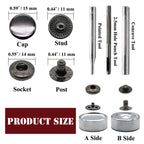 15mm Metal Snap Button Fasteners Kit with Tools (Black)