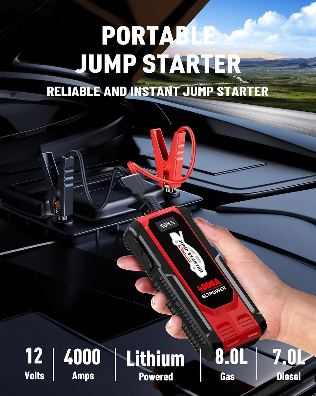 4000A Heavy Duty Jump Starter, 74Wh 12V Portable Truck Battery Booster Jump Box, Car Jump Starter for 8.0L Gas & 7.0L