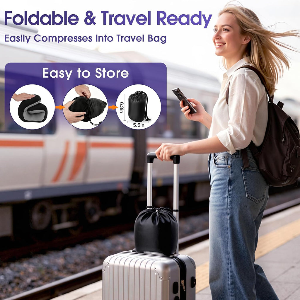 Travel Pillow for Airplane, Memory Foam Neck Pillow for Travel, Compact Flight Pillow with Eye Mask, Earplugs, Carry