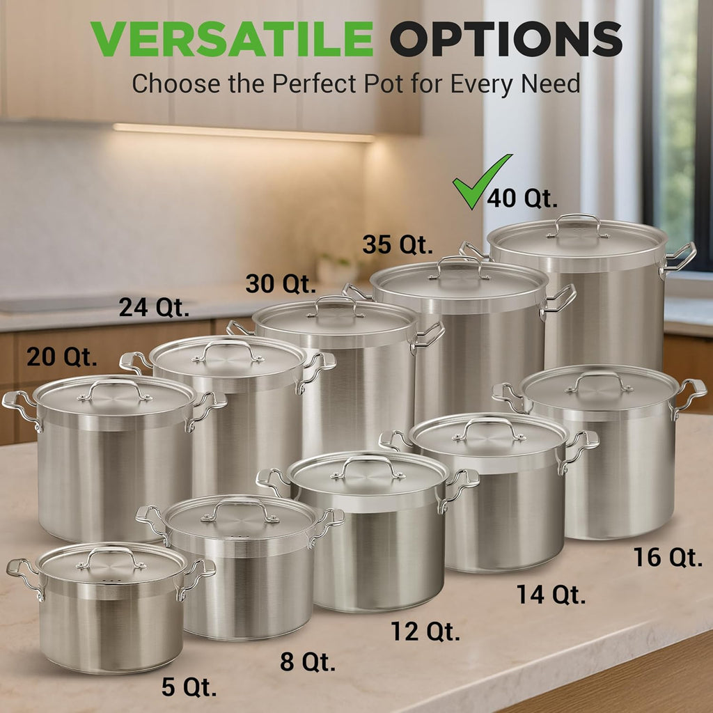 Stainless Steel Stock Pot with Lid 40 Qt | Non-Reactive 8/8 Interior Induction Pot with Even Heat Base | Compatible