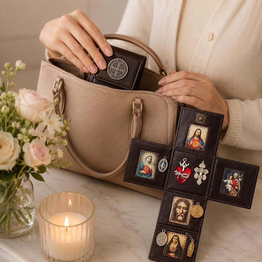 Hand Sewn Leather Catholic Pocket Shrine, Portable Folding Personal Travel Altar with Jesus Sacred Art & Metal