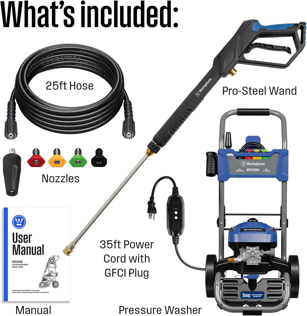 WPX2300e Electric Pressure Washer, 2300 Max PSI and 1.76 Max GPM, Induction Motor, Onboard Soap Tank, Spray Gun and