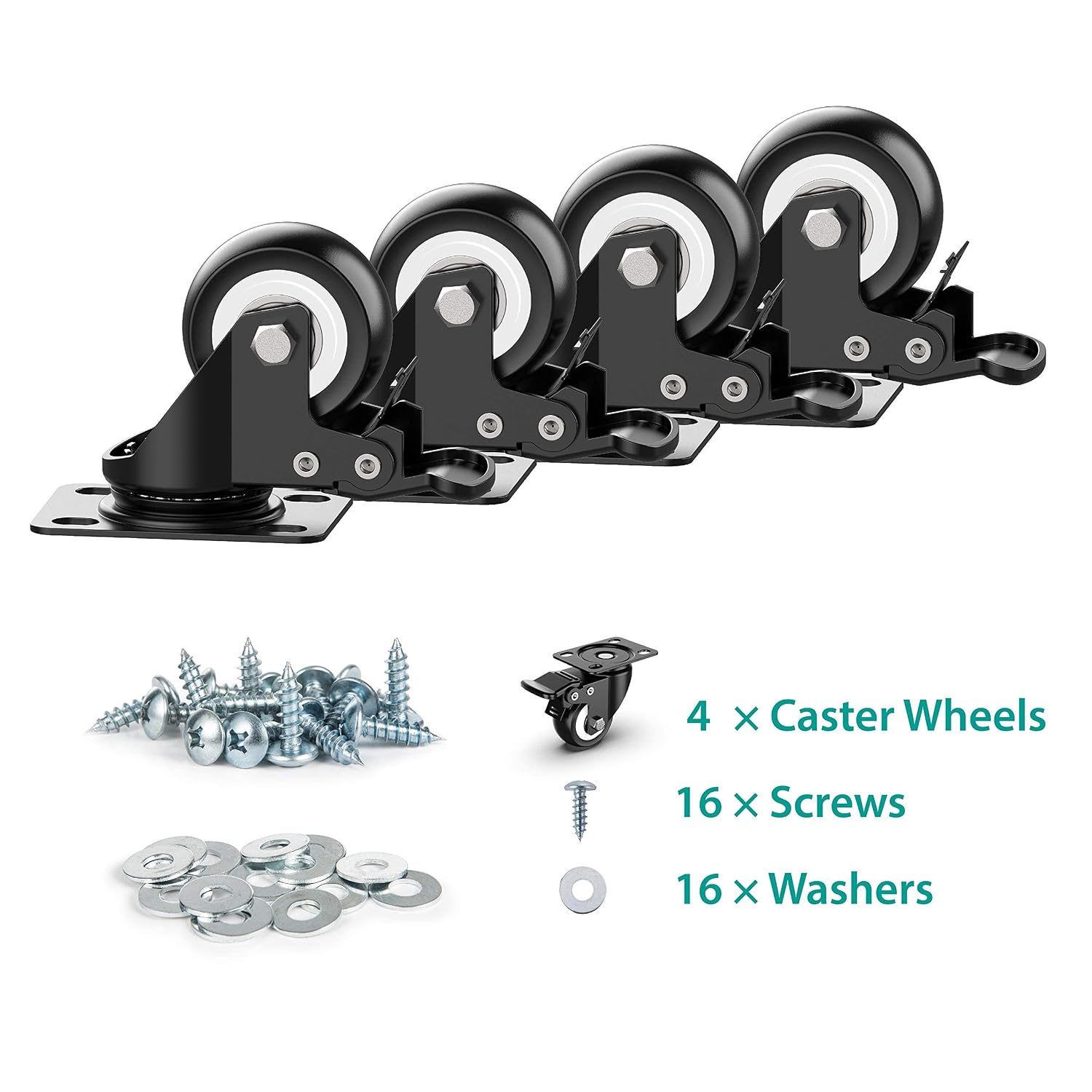 2 inch Caster Wheels Heavy Duty Swivel Casters with Safety Brake Total Capacity 600lbs (Set of 4) Good for Industrial