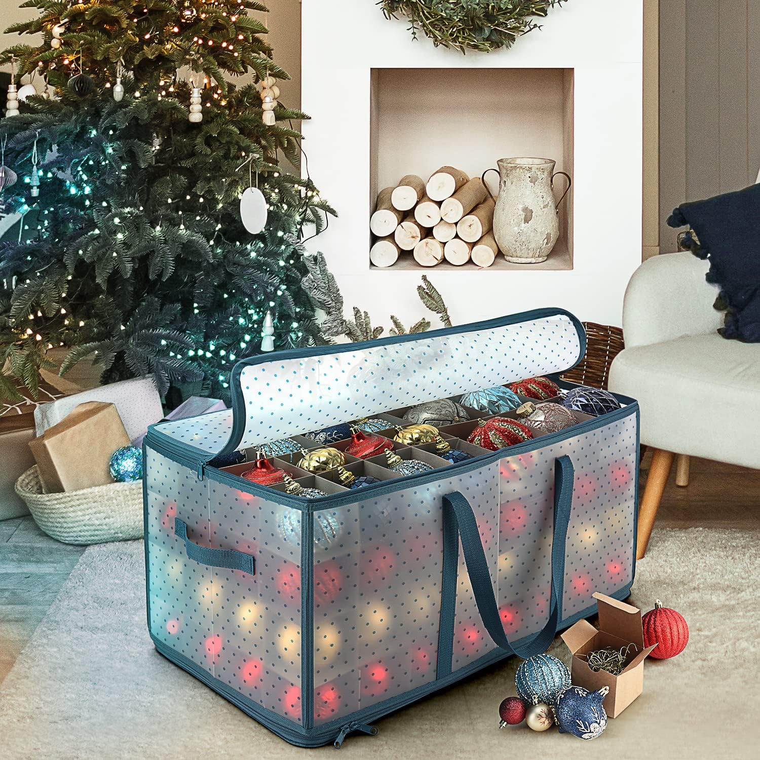 Large Christmas Ornament Storage Box With Adjustable Dividers - Plastic Ornament Storage Container For 128 Holiday