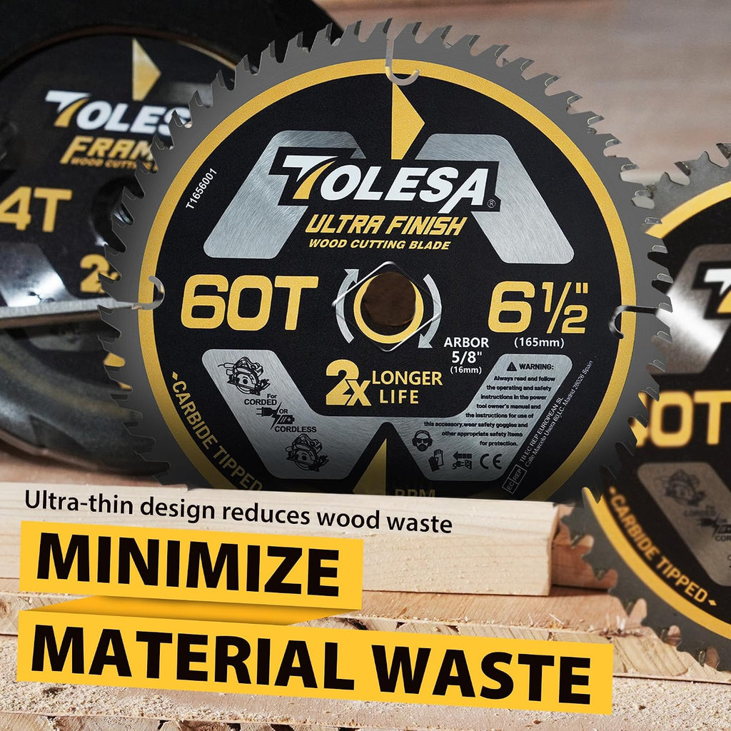 6 1/2 Circular Saw Blades, 60T for Wood and Plywood, 3-Pack | Tungsten Carbide Teeth, Super Thin Kerf, ATB Design