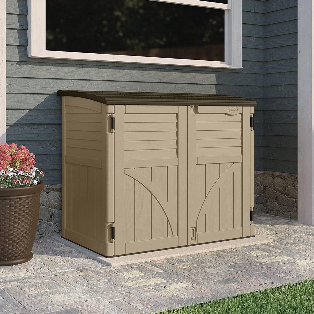 Horizontal Shed, Compact Outdoor Storage System, 34 Cu. Ft. Capacity, Sand & Slate - Lockable Multi-Wall Resin