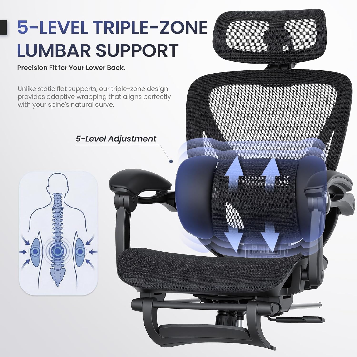 Ergonomic Mesh Office Chair with Footrest, Executive High Back Computer Desk Chair with 3D Adjustable Headrest &