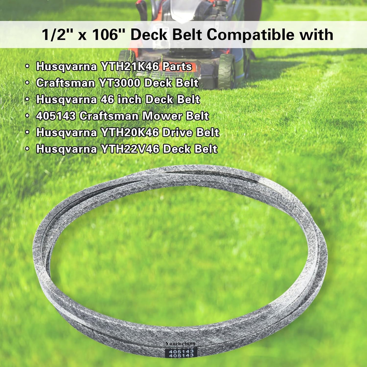 584453101 405143 Mower Deck Belt Kevlar for YTH20K46, YTH21K46, YTH22V46 Husqvarna 46 inch Deck Belt, Craftsman YT3000 Riding Mower Parts, Replaces 584453101, 405143, 532405143-1/2" x 106"