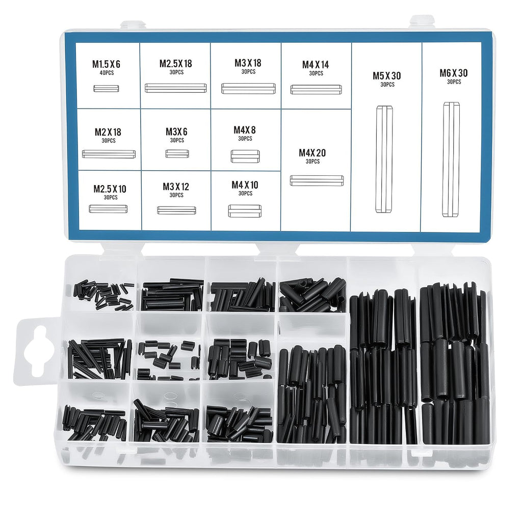 ZELCAN 400pc Roll Pin Set, M1.5 M2 M2.5 M3 M4 M5 M6 Slotted Metric Spring Pins in Various Lengths, Steel Split Expansion Pin Hardware Assortment Kit
