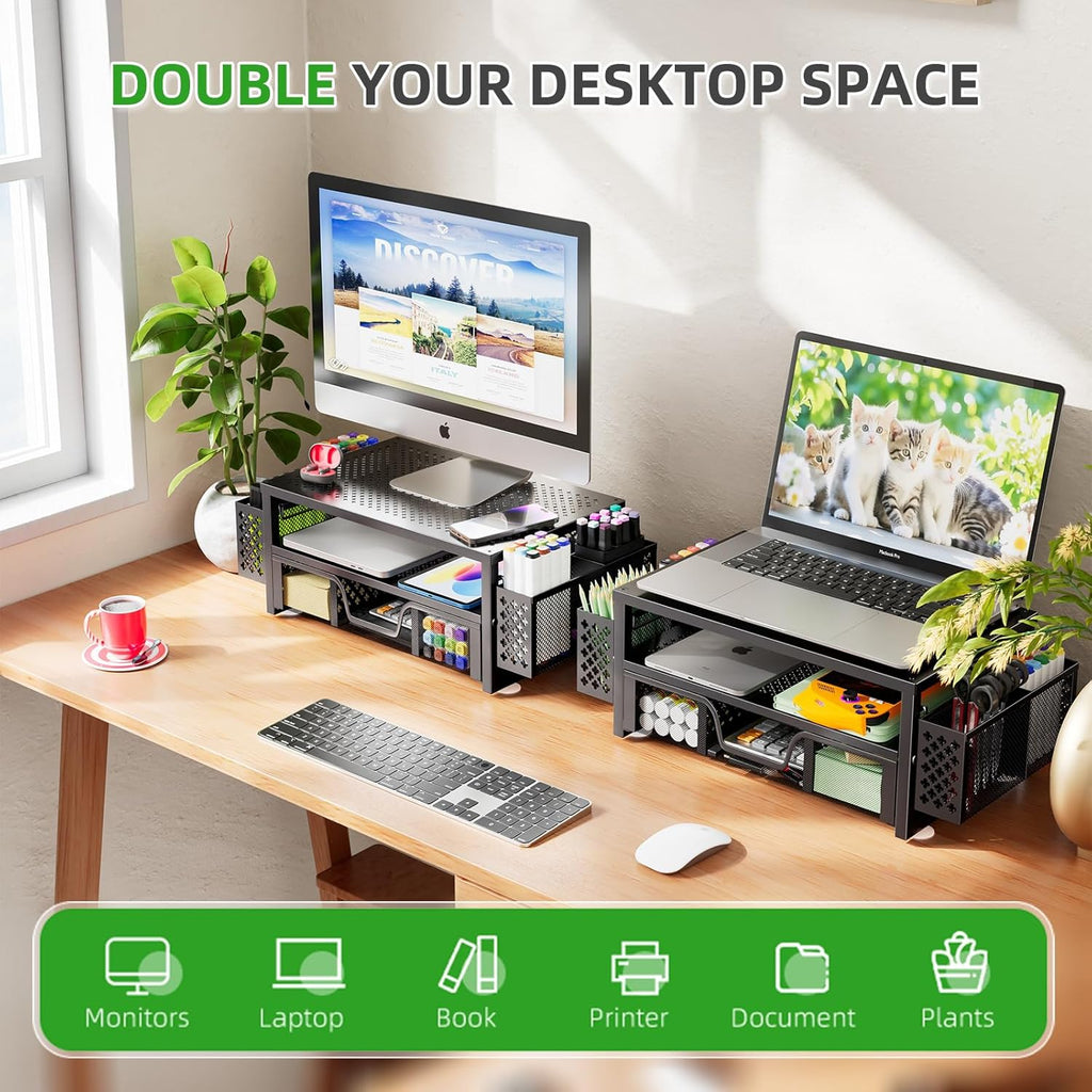 Desk Organizer and Accessories, 2 Tier Computer Metal Monitor Stand Riser with Drawer and Pen Holder for Laptop