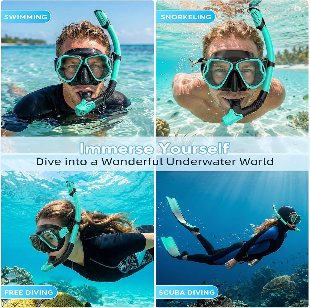 Snorkeling Gear for Adults, Dry-Top Snorkel Set Scuba Diving Mask, 180° Panoramic Wide View Professional Snorkeling