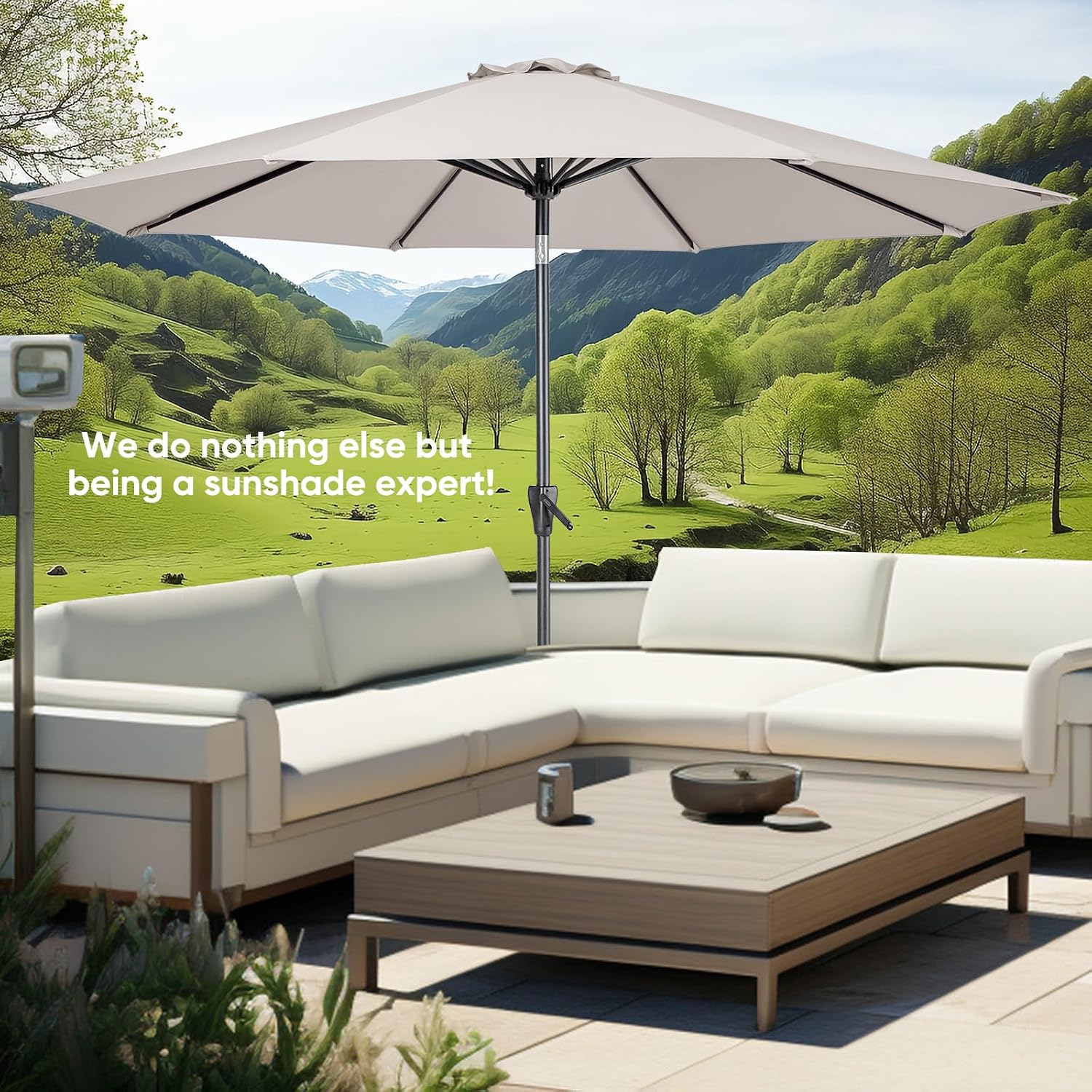 Patio Market Outdoor Table Umbrella with Push Button Tilt and Crank, Large Sun Umbrella with Sturdy Pole & Fade