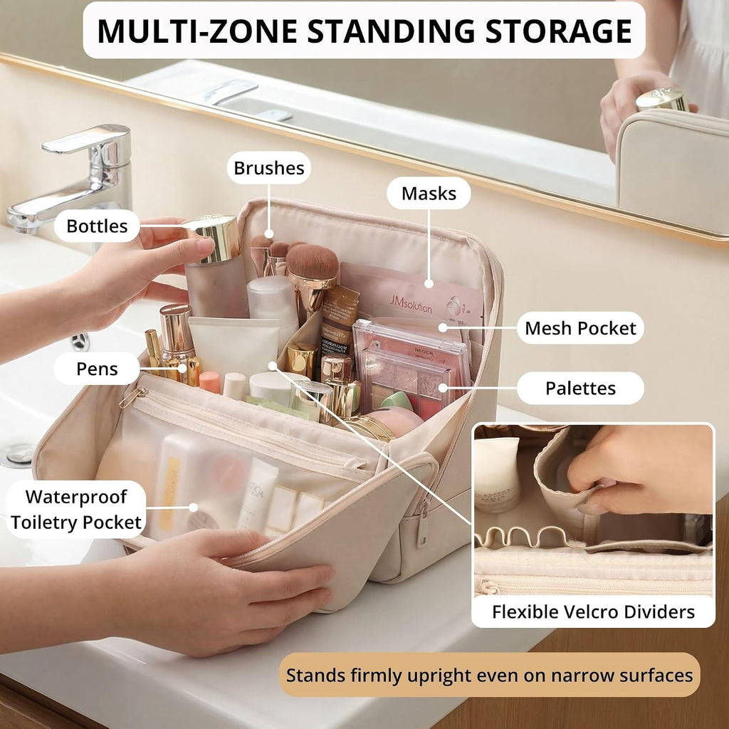 Travel Makeup Bag with Magnetic Fold-Down Flap, Waterproof Leather Cosmetic and Toiletry Organizer for Women